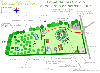 Plan du projet sur une prairie de plus de 1 ha bordé d’arbres sur deux côtés.